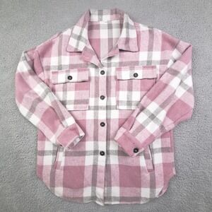 Pink Plaid Flannel Shacket Womens Small Button Up Shirt Jacket Oversized